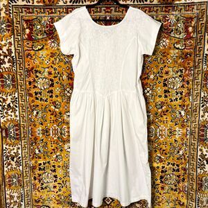 90s VTG Cottage White Embroidered Prairie Dress Bridal Floral Sun Dress sz Large